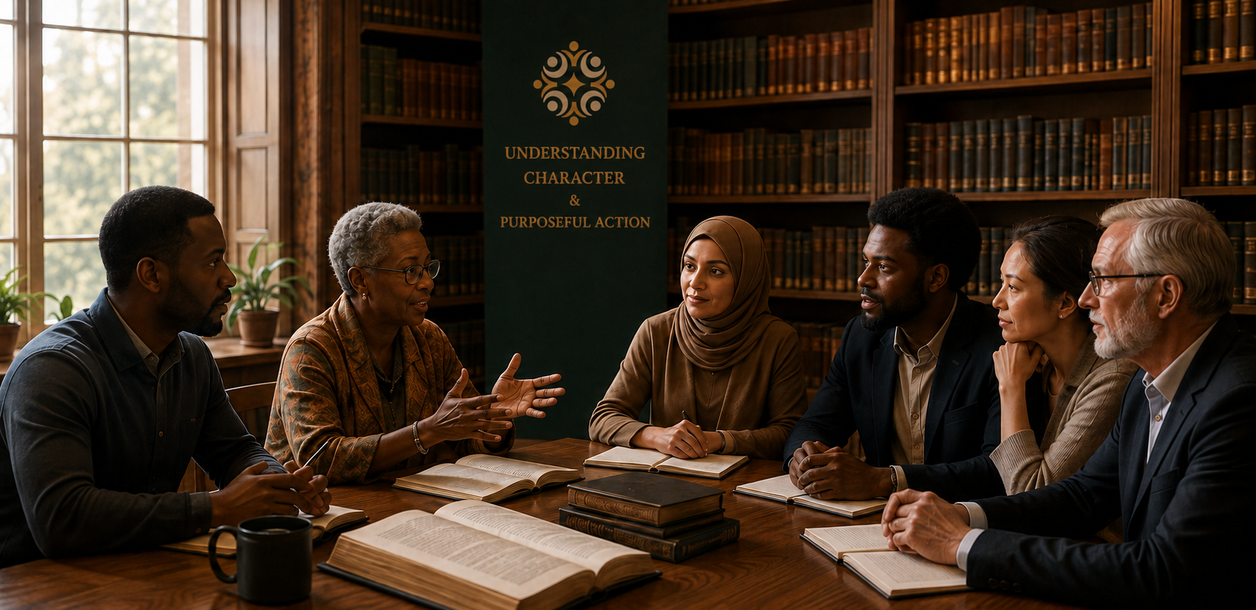 A diverse community of scholars in conversation before the FWS Understanding, Character, and Purposeful Action board