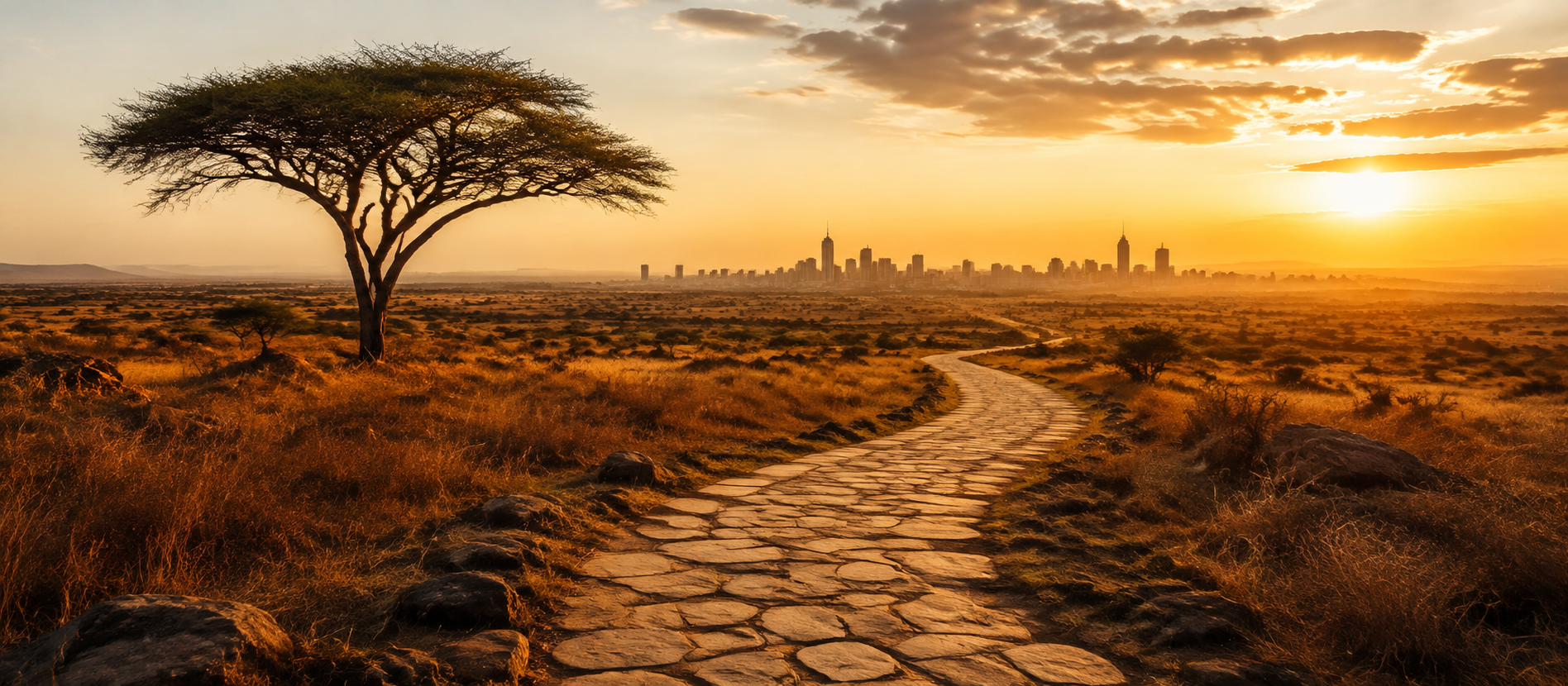 A winding path across an African landscape toward a city at sunrise